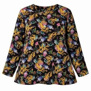Vintage 1980s Blouse Perfume Bottles Gems Novelty Print Black Jewel Tone Size 16